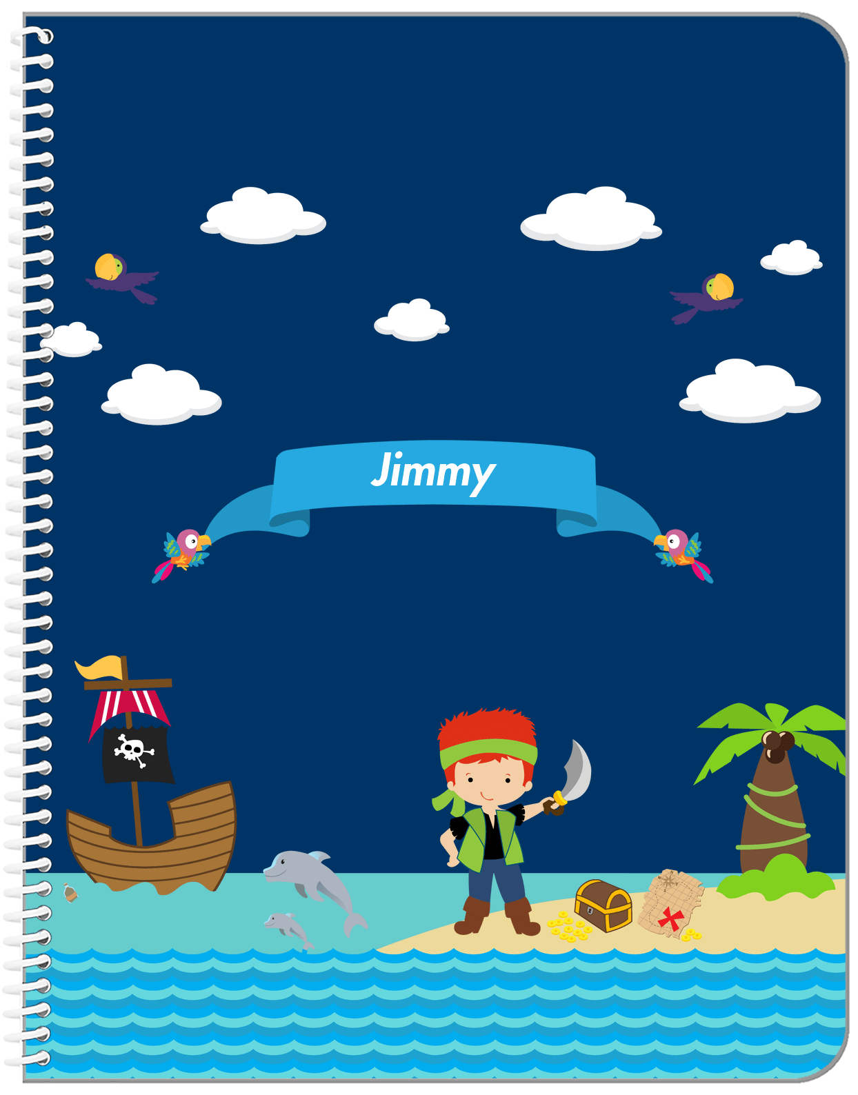 Personalized Pirate Notebook IV - Boy Pirate with Sword - Redhead Boy - Front View