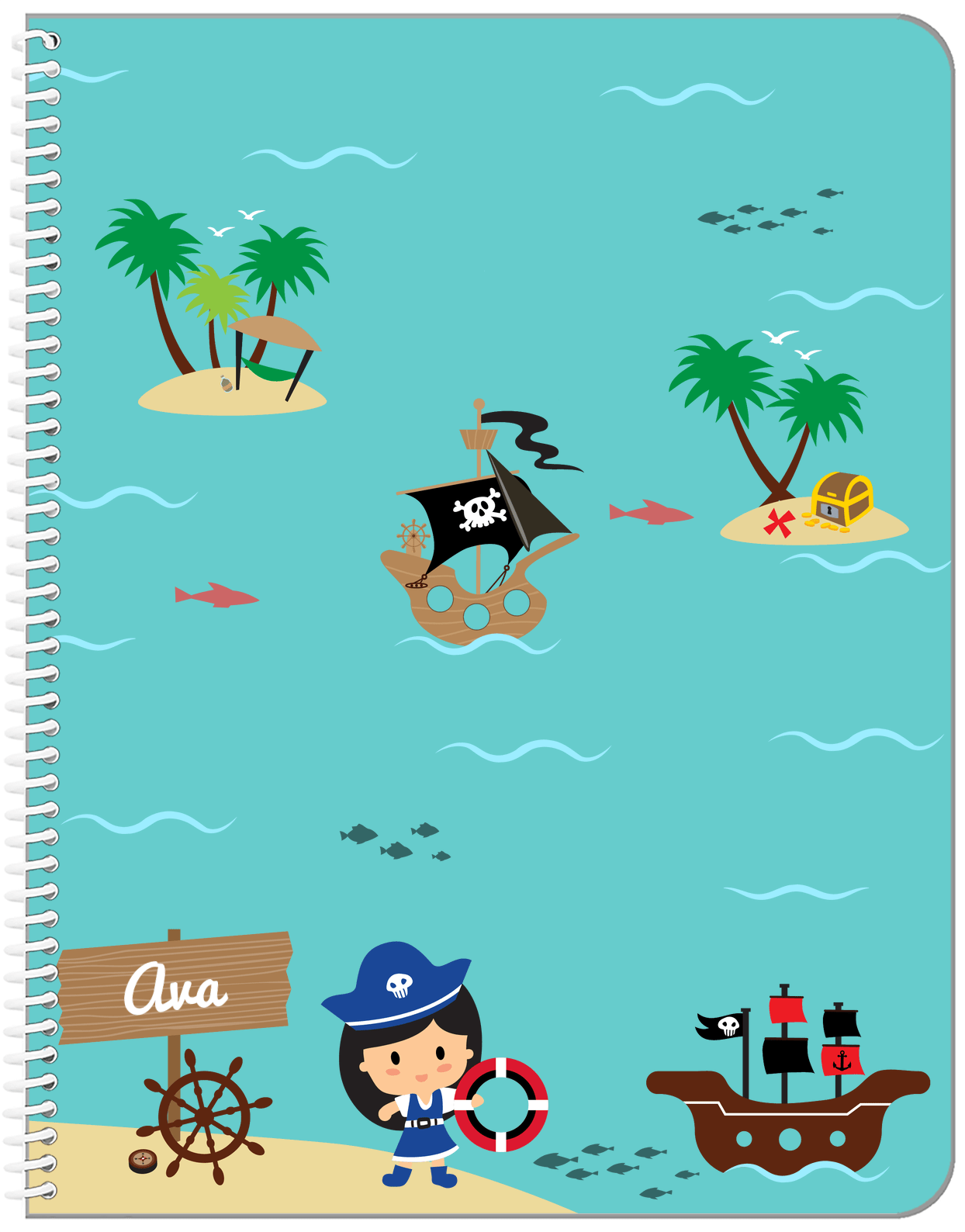 Personalized Pirate Notebook IX - Black Hair Girl Pirate - Front View