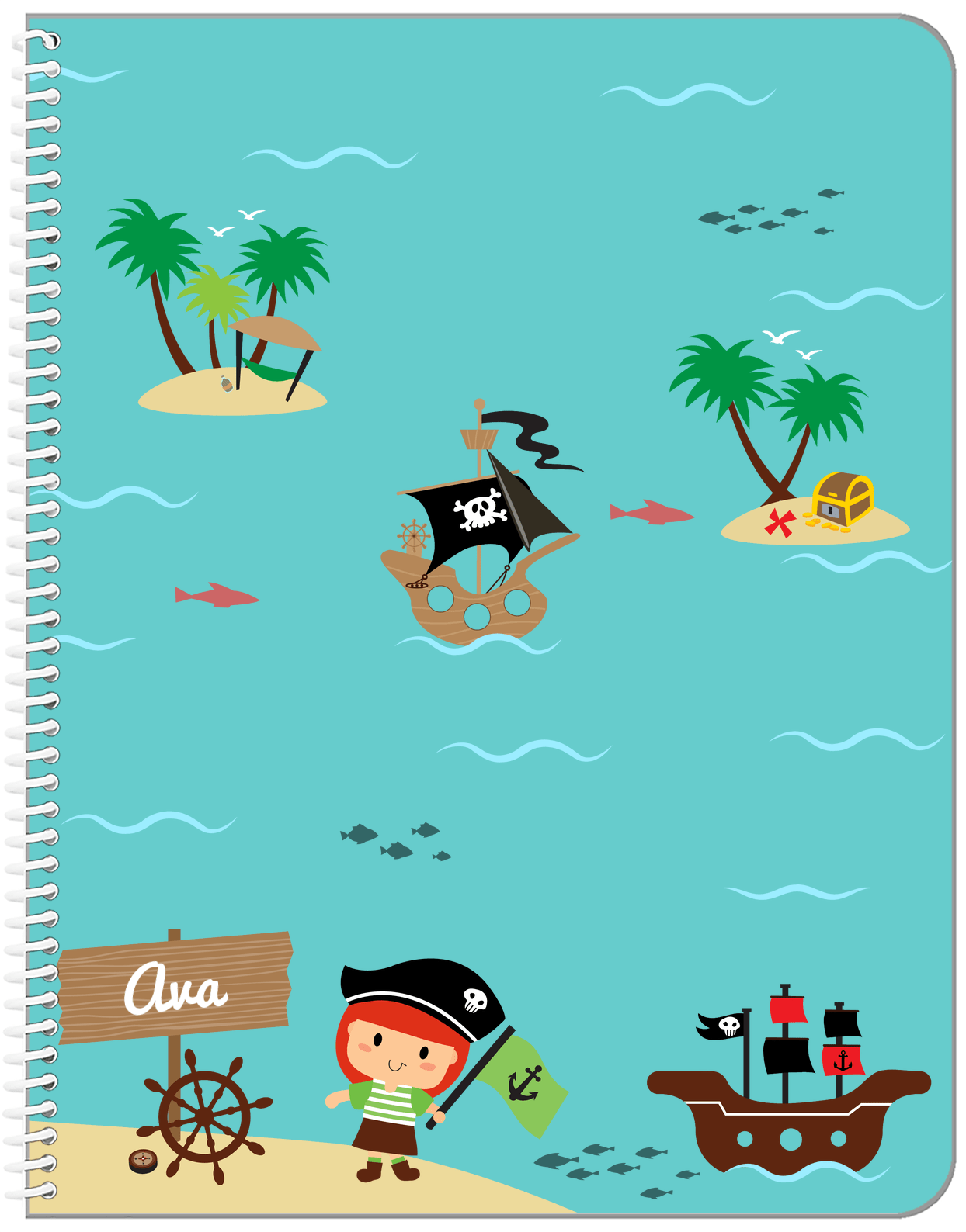 Personalized Pirate Notebook IX - Redhead Girl Pirate - Front View