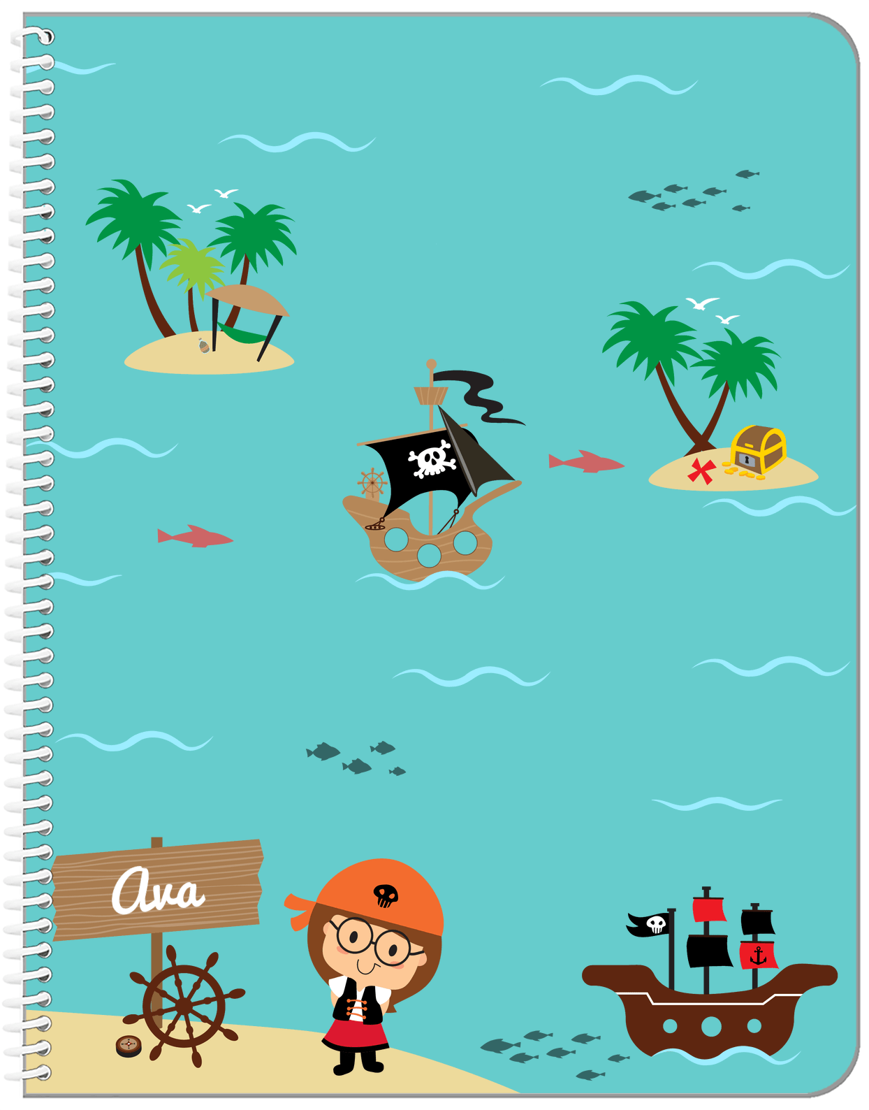 Personalized Pirate Notebook IX - Brunette Girl Pirate - Front View