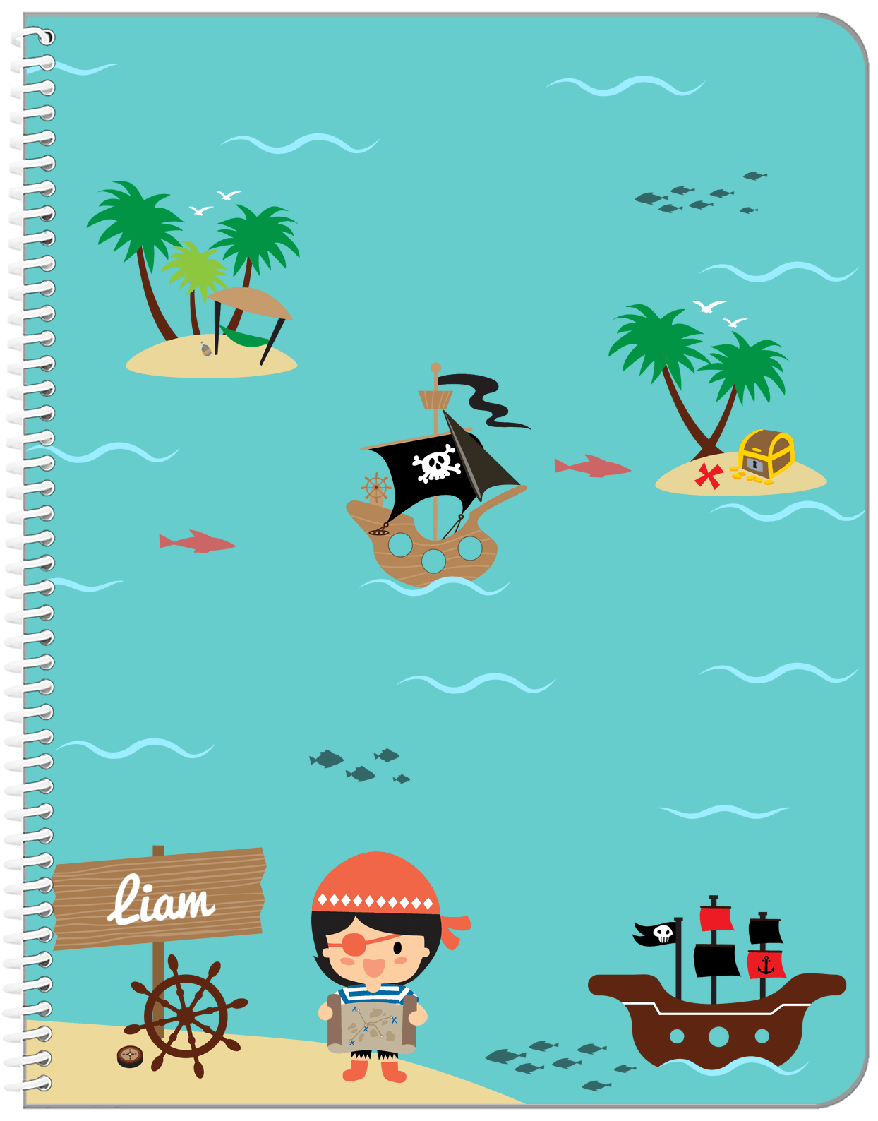 Personalized Pirate Notebook X - Black Hair Boy Pirate - Front View