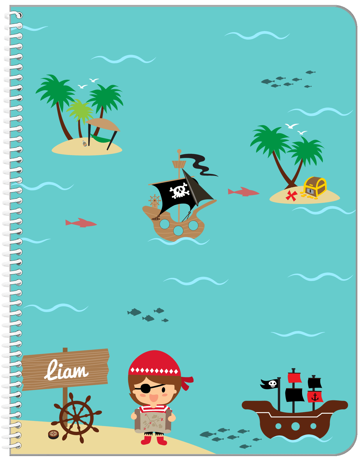 Personalized Pirate Notebook X - Brown Hair Boy Pirate - Front View