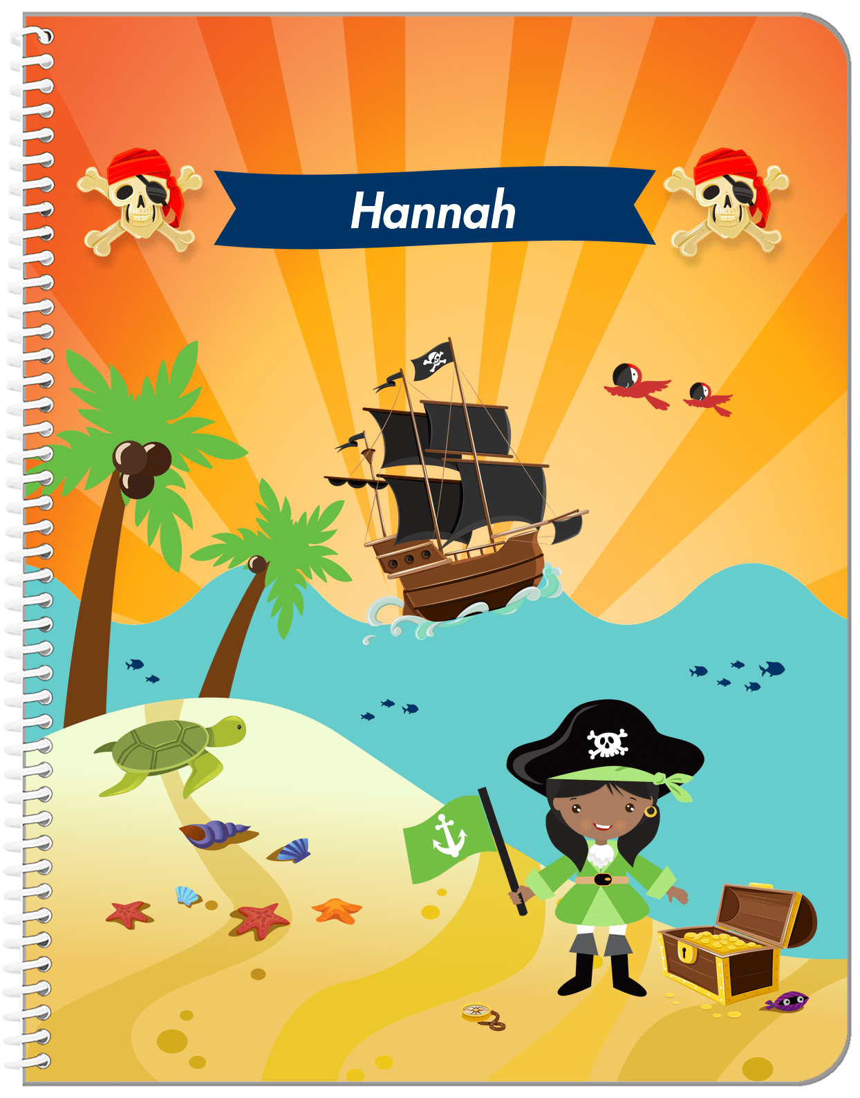 Personalized Pirate Notebook XI - Girl Pirate with Flag - Black Girl - Front View