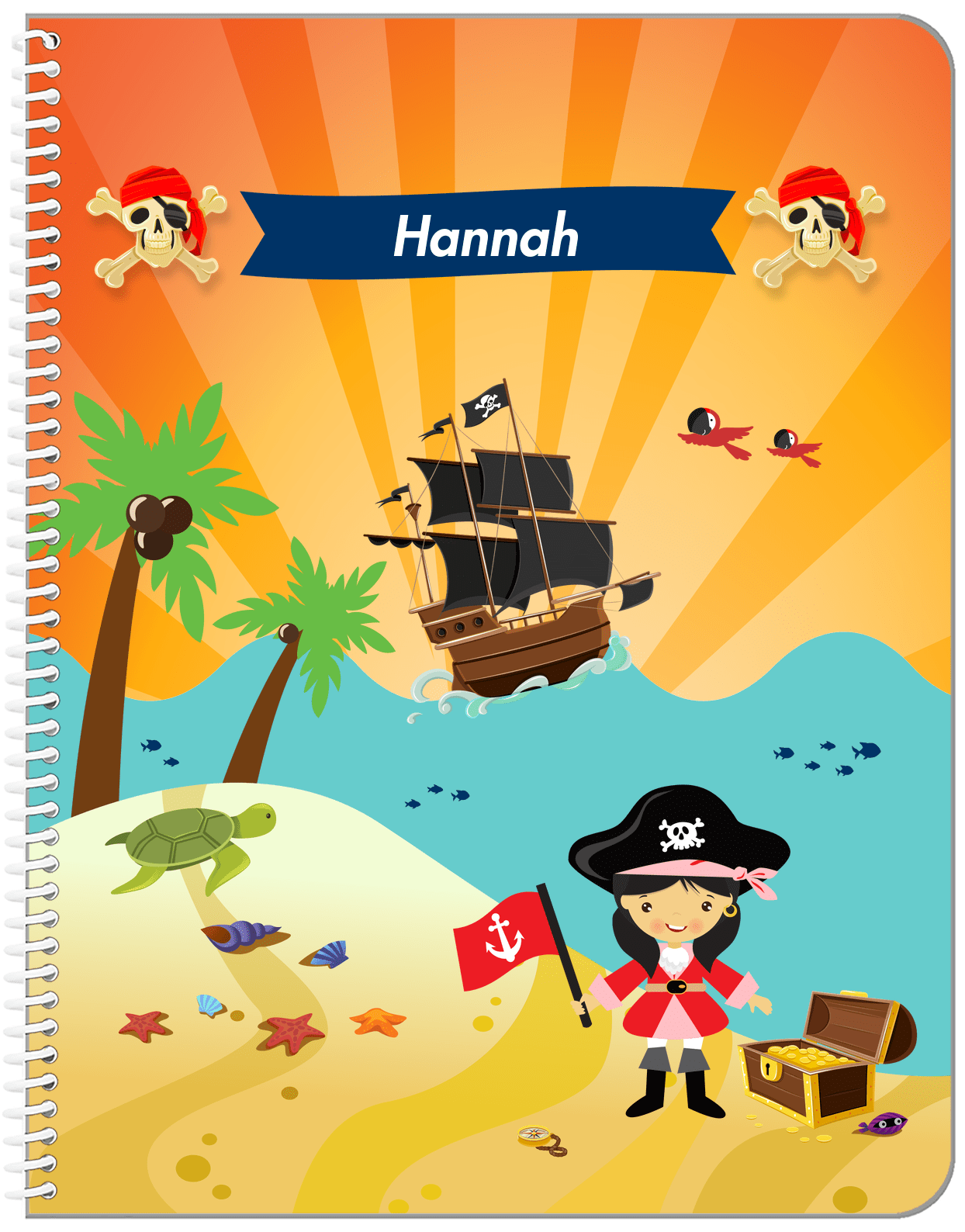 Personalized Pirate Notebook XI - Girl Pirate with Flag - Asian Girl - Front View