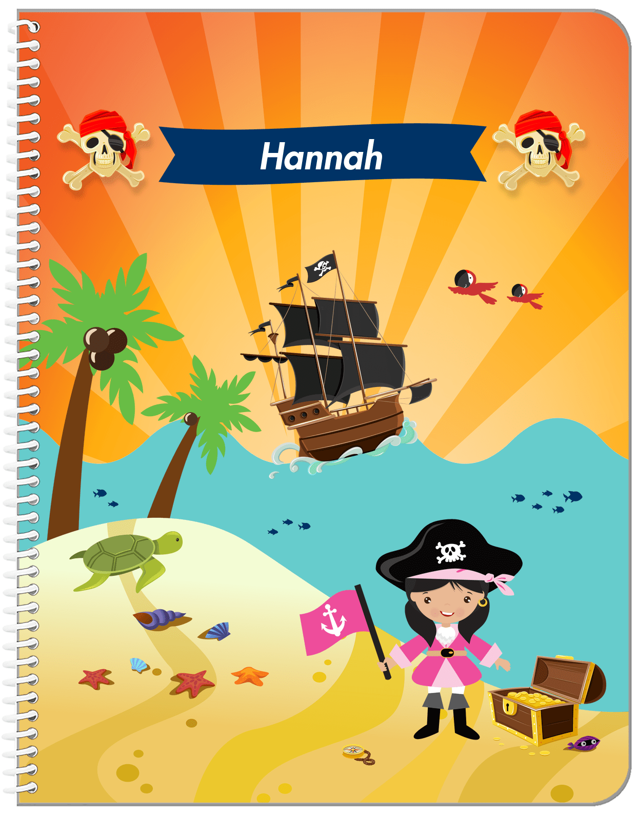 Personalized Pirate Notebook XI - Girl Pirate with Flag - Black Hair Girl - Front View