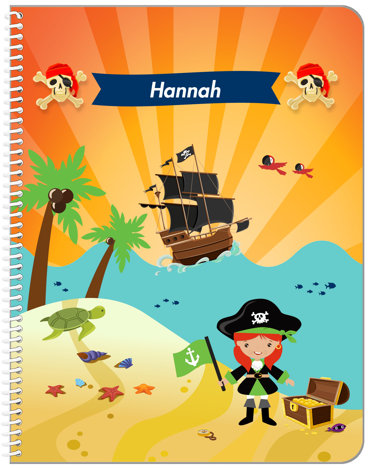 Personalized Pirate Notebook XI - Girl Pirate with Flag - Redhead Girl - Front View
