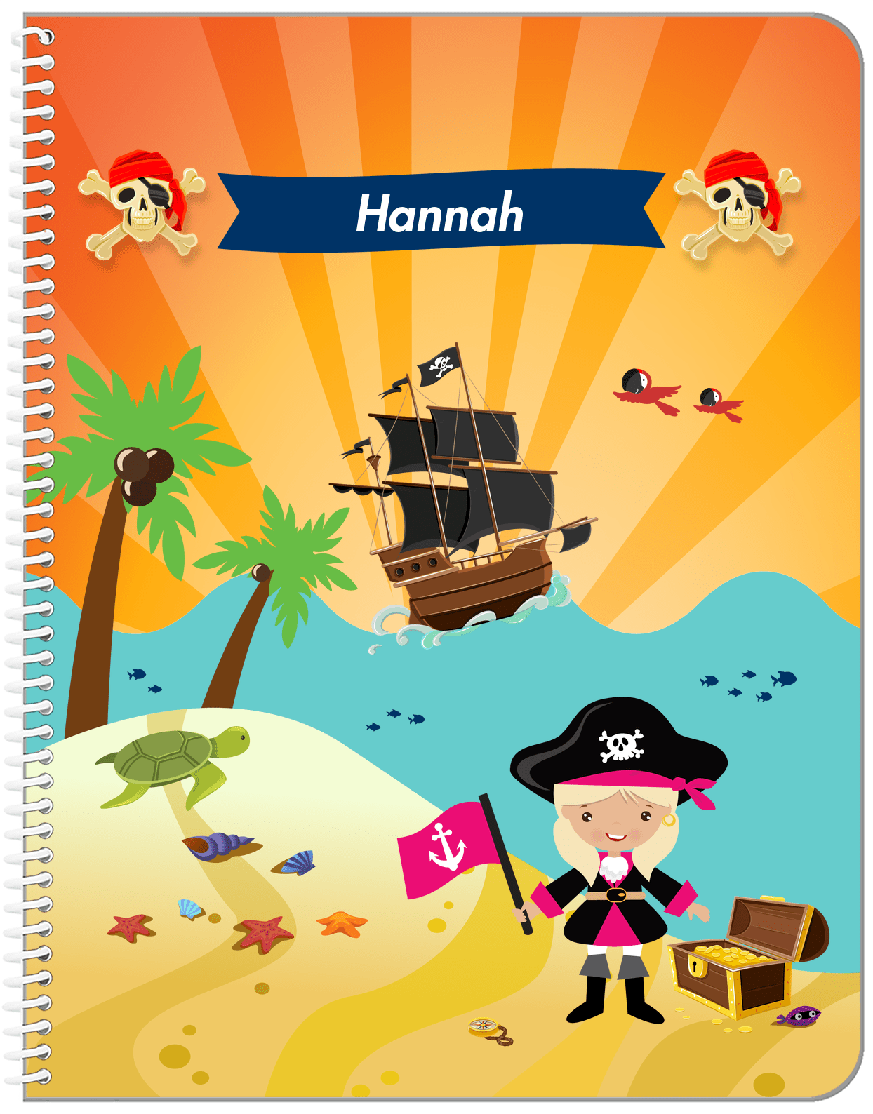 Personalized Pirate Notebook XI - Girl Pirate with Flag - Blonde Girl - Front View