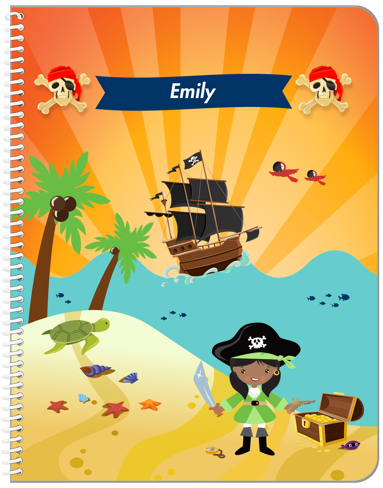 Personalized Pirate Notebook XII - Girl Pirate with Sword - Black Girl - Front View