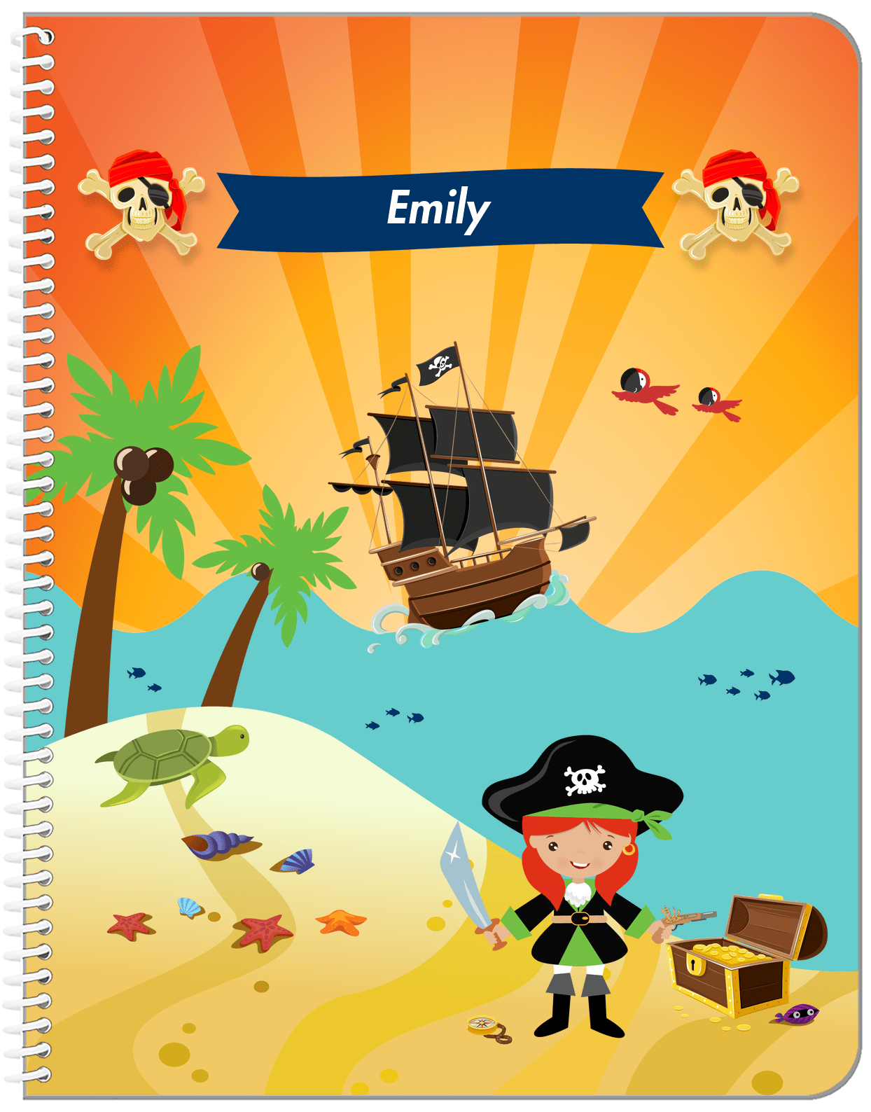 Personalized Pirate Notebook XII - Girl Pirate with Sword - Redhead Girl - Front View