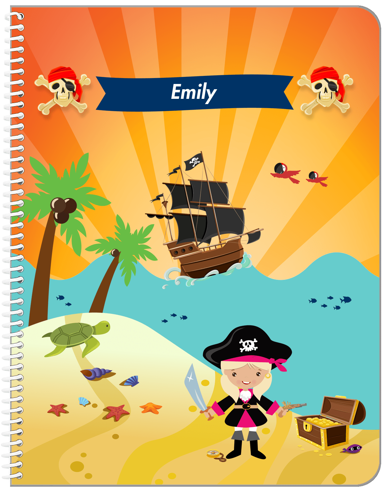 Personalized Pirate Notebook XII - Girl Pirate with Sword - Blonde Girl - Front View