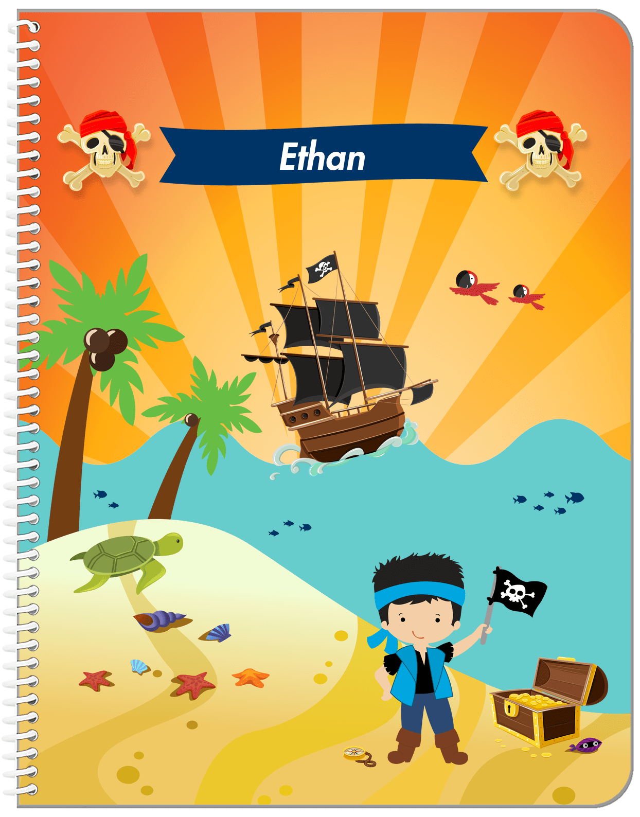 Personalized Pirate Notebook XIII - Boy Pirate with Flag - Black Hair Boy - Front View