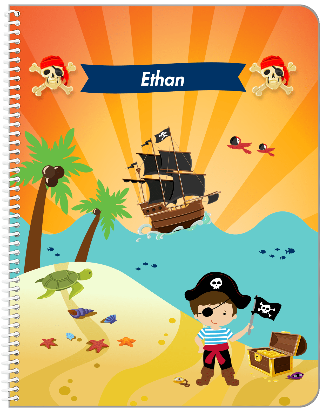 Personalized Pirate Notebook XIII - Boy Pirate with Flag - Brown Hair Boy - Front View