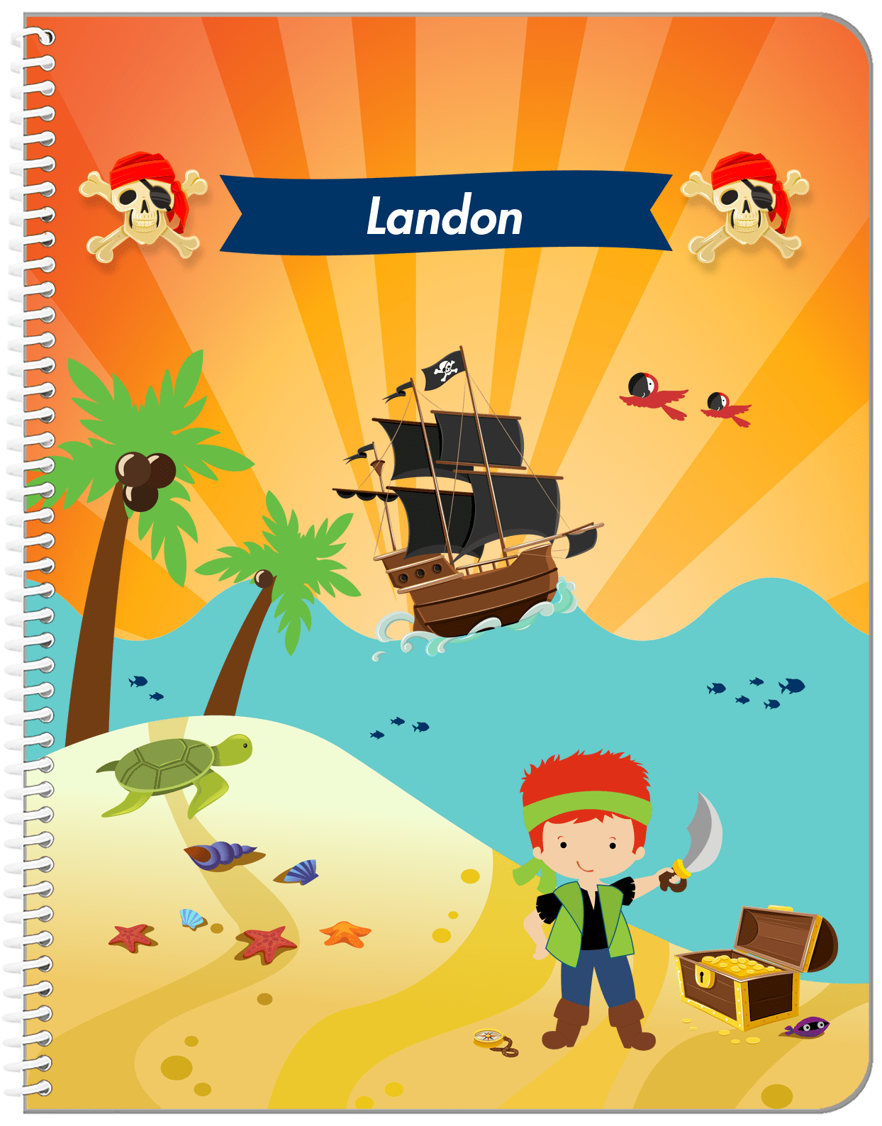 Personalized Pirate Notebook XIV - Boy Pirate with Sword - Redhead Boy - Front View