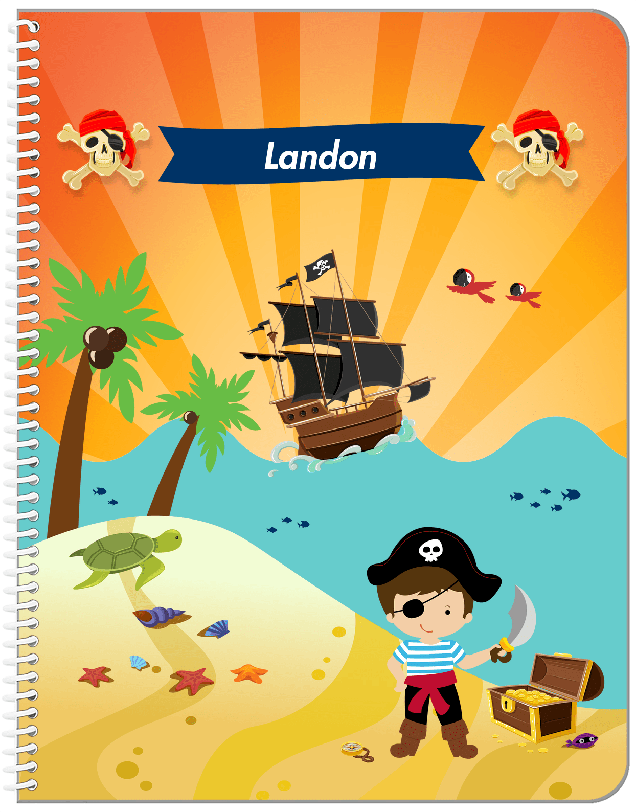 Personalized Pirate Notebook XIV - Boy Pirate with Sword - Brown Hair Boy - Front View