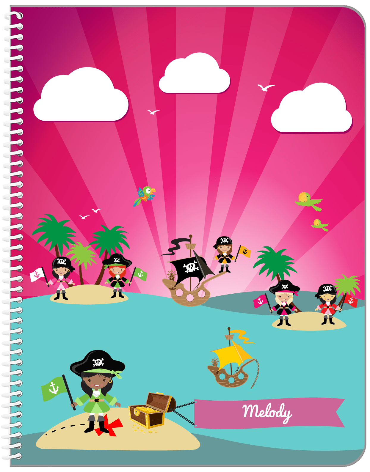 Personalized Pirate Notebook XXI - Girl Pirate with Flag - Black Girl - Front View