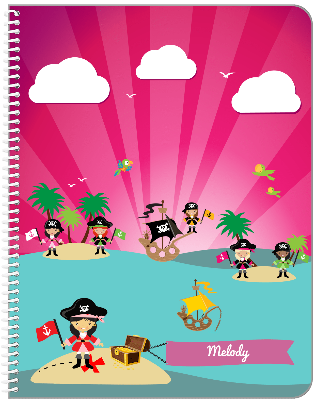 Personalized Pirate Notebook XXI - Girl Pirate with Flag - Asian Girl - Front View