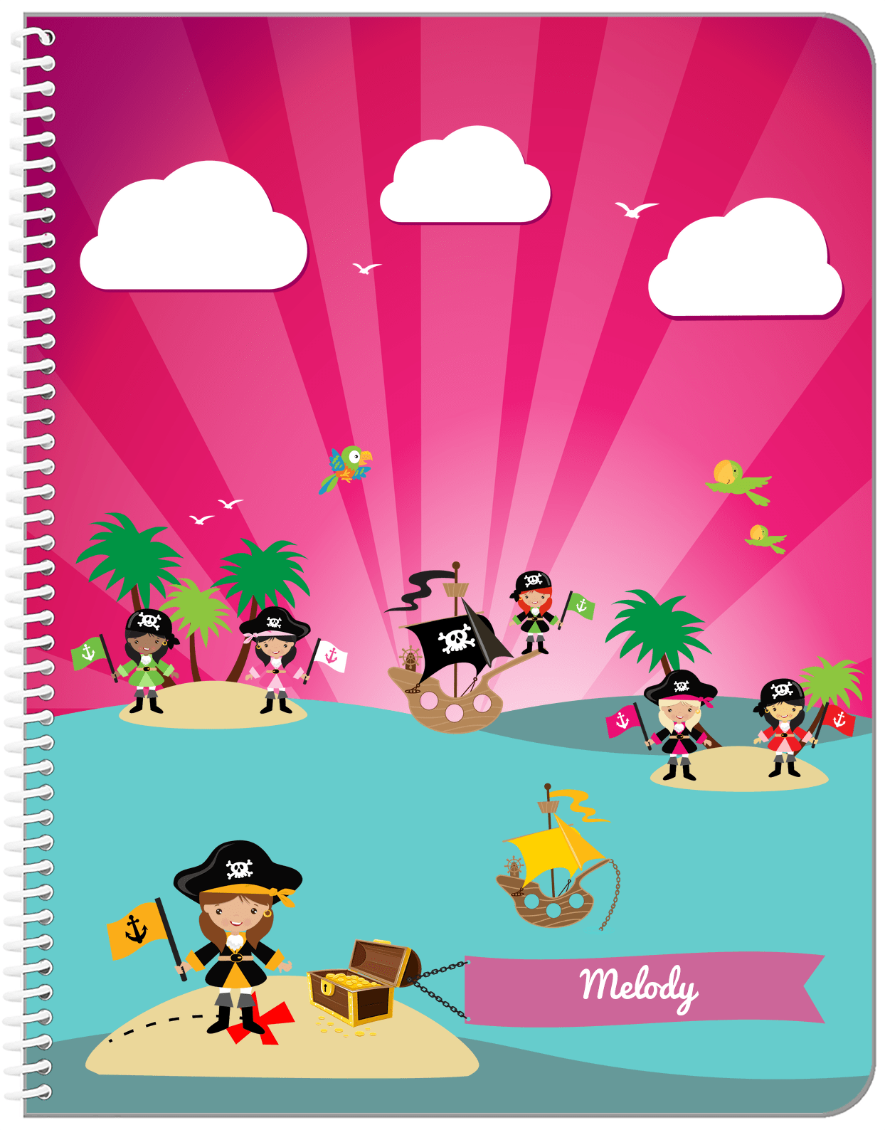 Personalized Pirate Notebook XXI - Girl Pirate with Flag - Brunette Girl - Front View