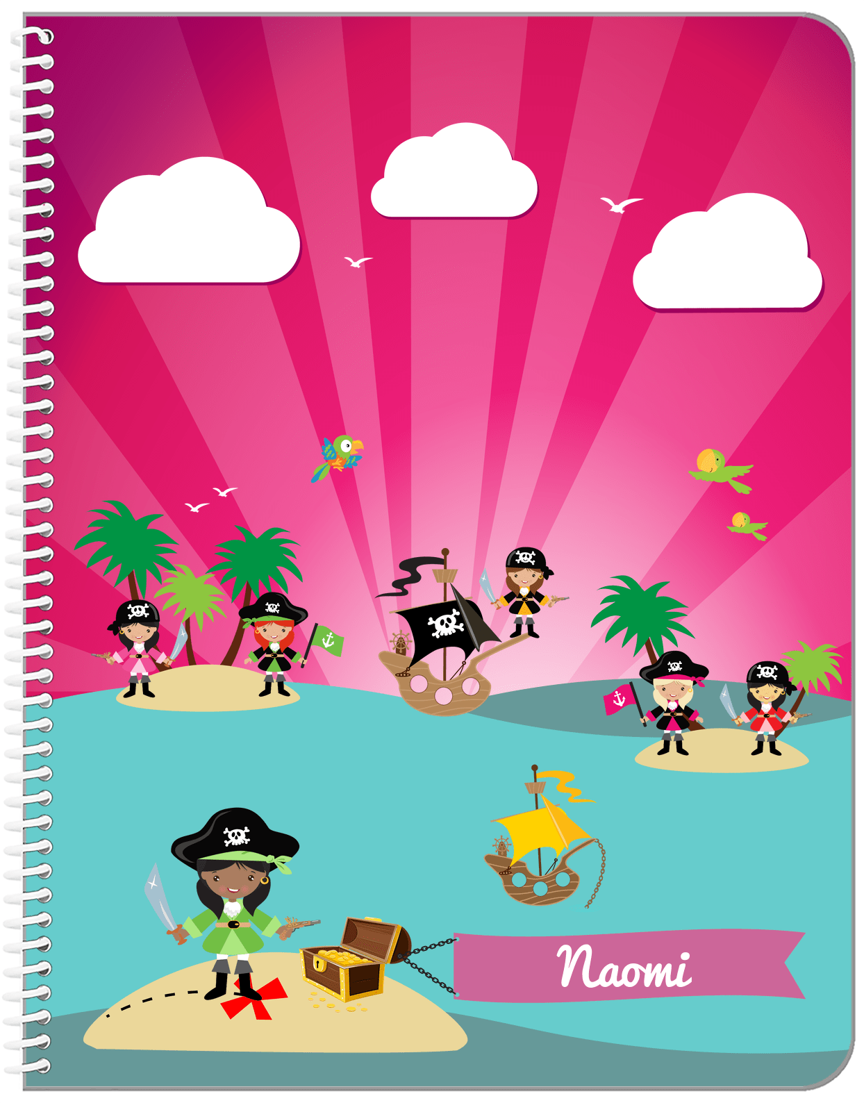Personalized Pirate Notebook XXII - Girl Pirate with Sword - Black Girl - Front View