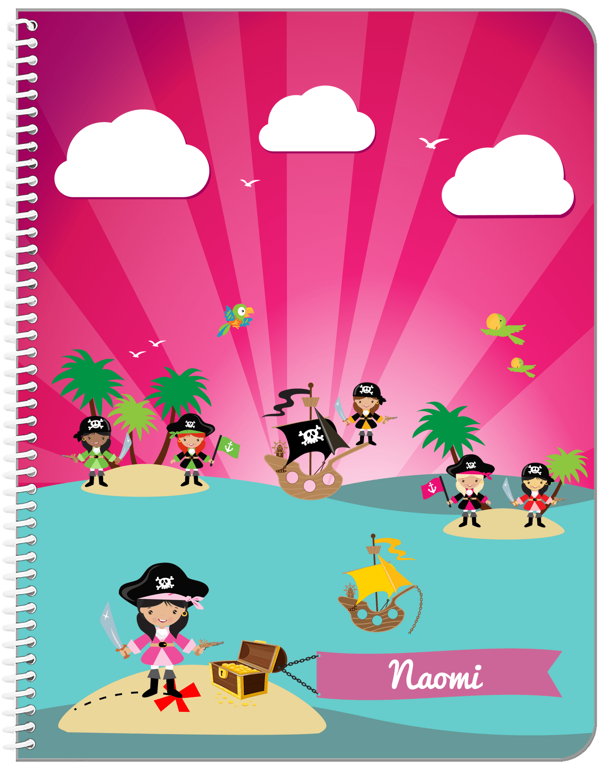 Personalized Pirate Notebook XXII - Girl Pirate with Sword - Black Hair Girl - Front View