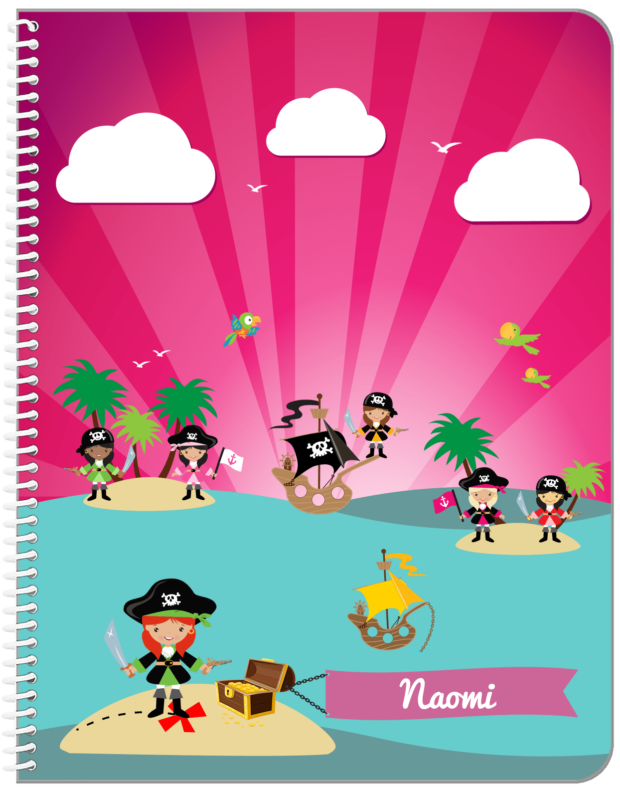 Personalized Pirate Notebook XXII - Girl Pirate with Sword - Redhead Girl - Front View