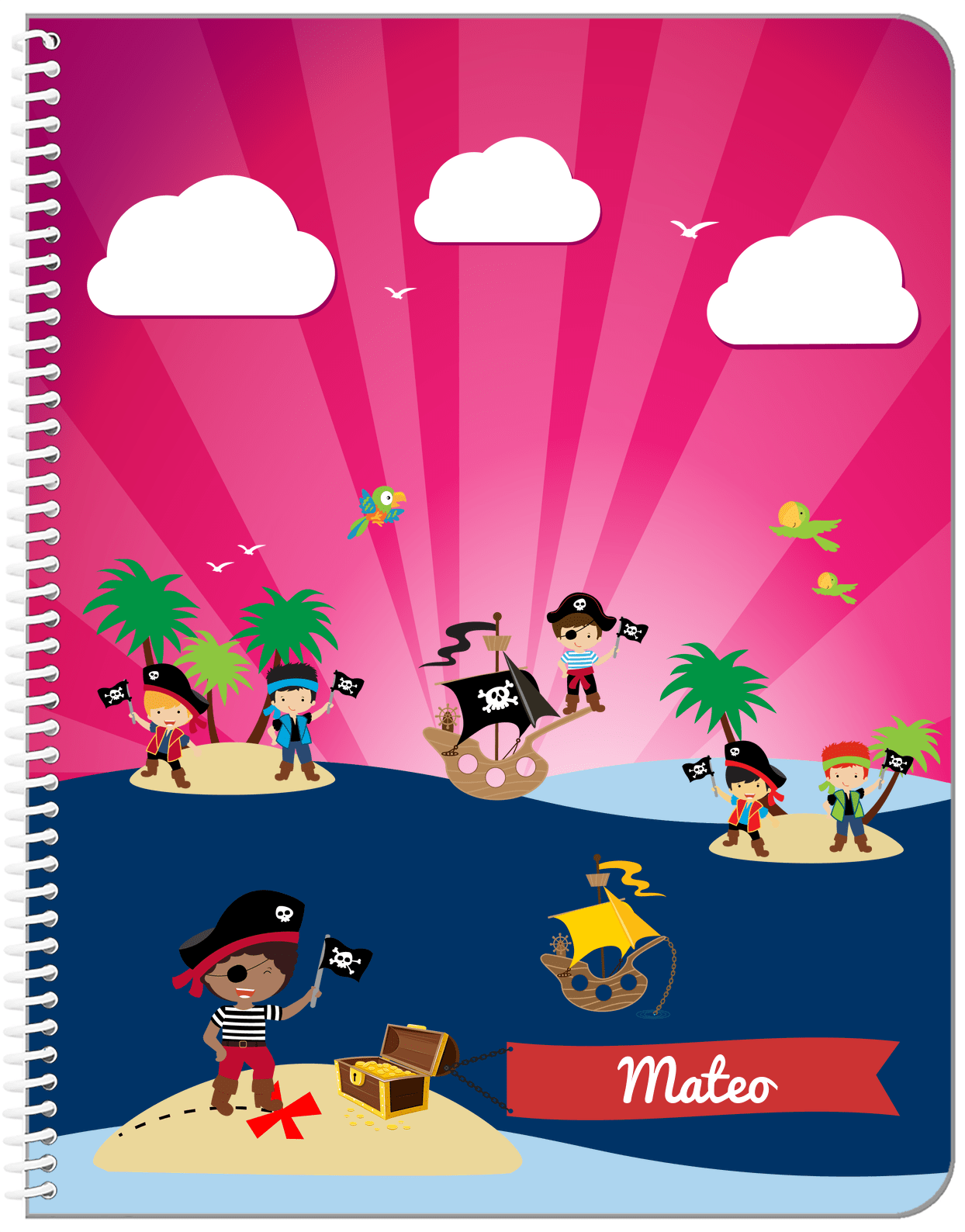 Personalized Pirate Notebook XXIII - Boy Pirate with Flag - Black Boy - Front View