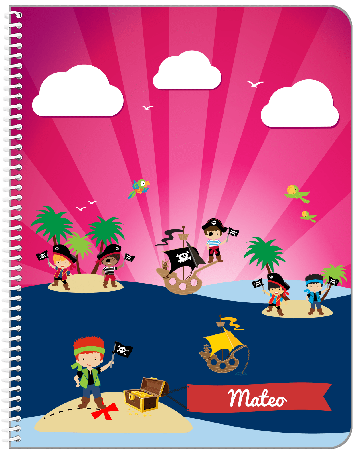 Personalized Pirate Notebook XXIII - Boy Pirate with Flag - Redhead Boy - Front View