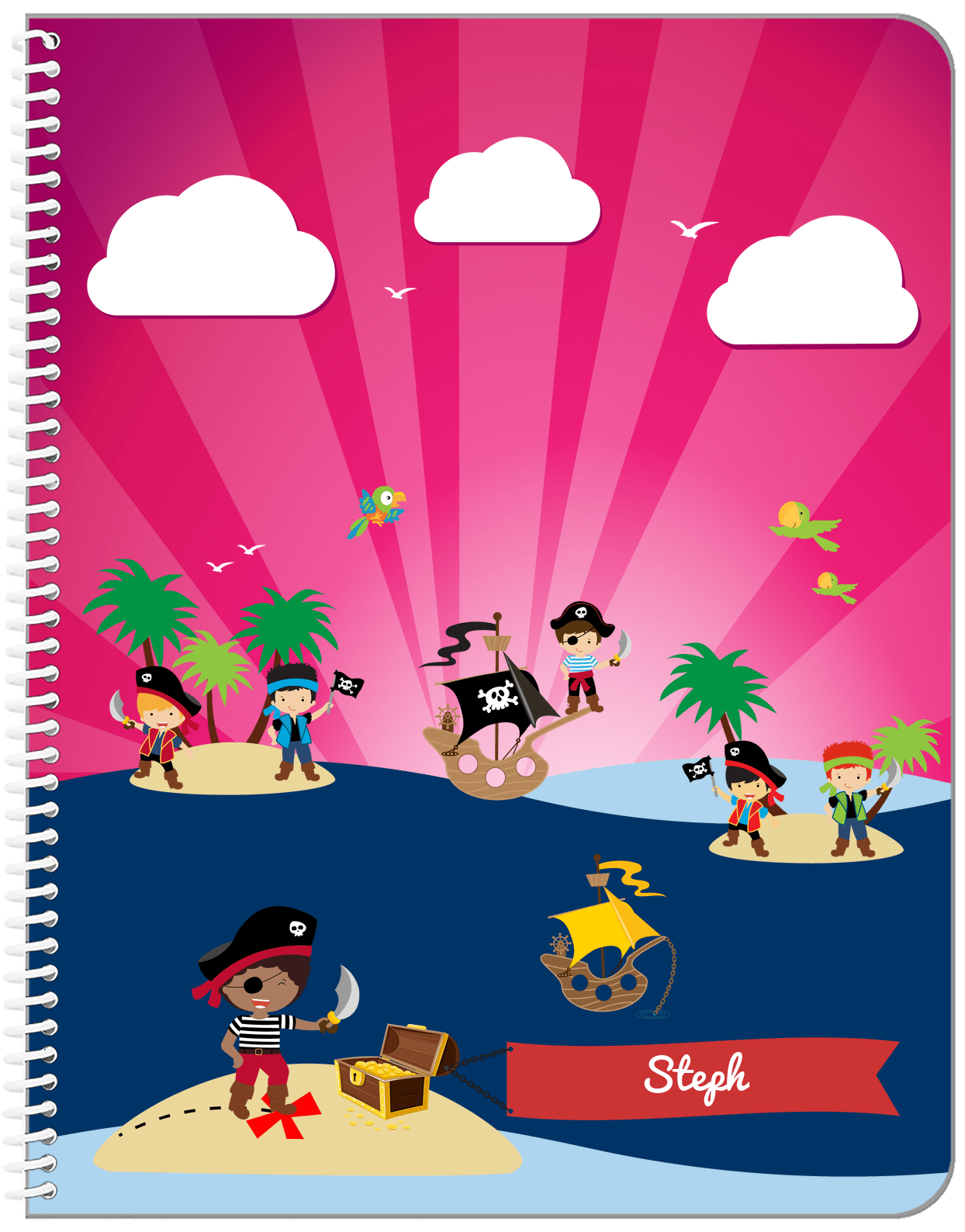 Personalized Pirate Notebook XXIV - Boy Pirate with Sword - Black Boy - Front View