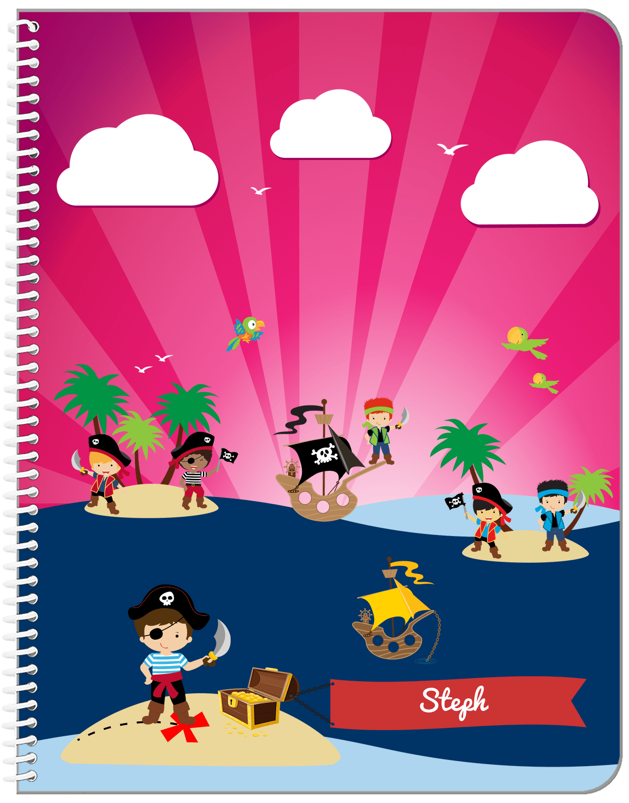 Personalized Pirate Notebook XXIV - Boy Pirate with Sword - Brown Hair Boy - Front View