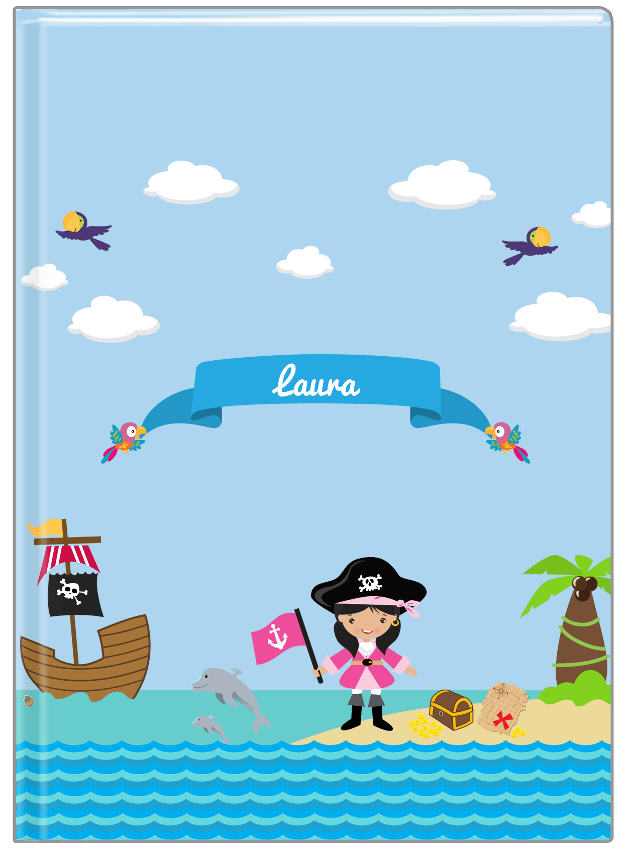 Personalized Pirate Journal I - Girl Pirate with Flag - Black Hair Girl - Front View