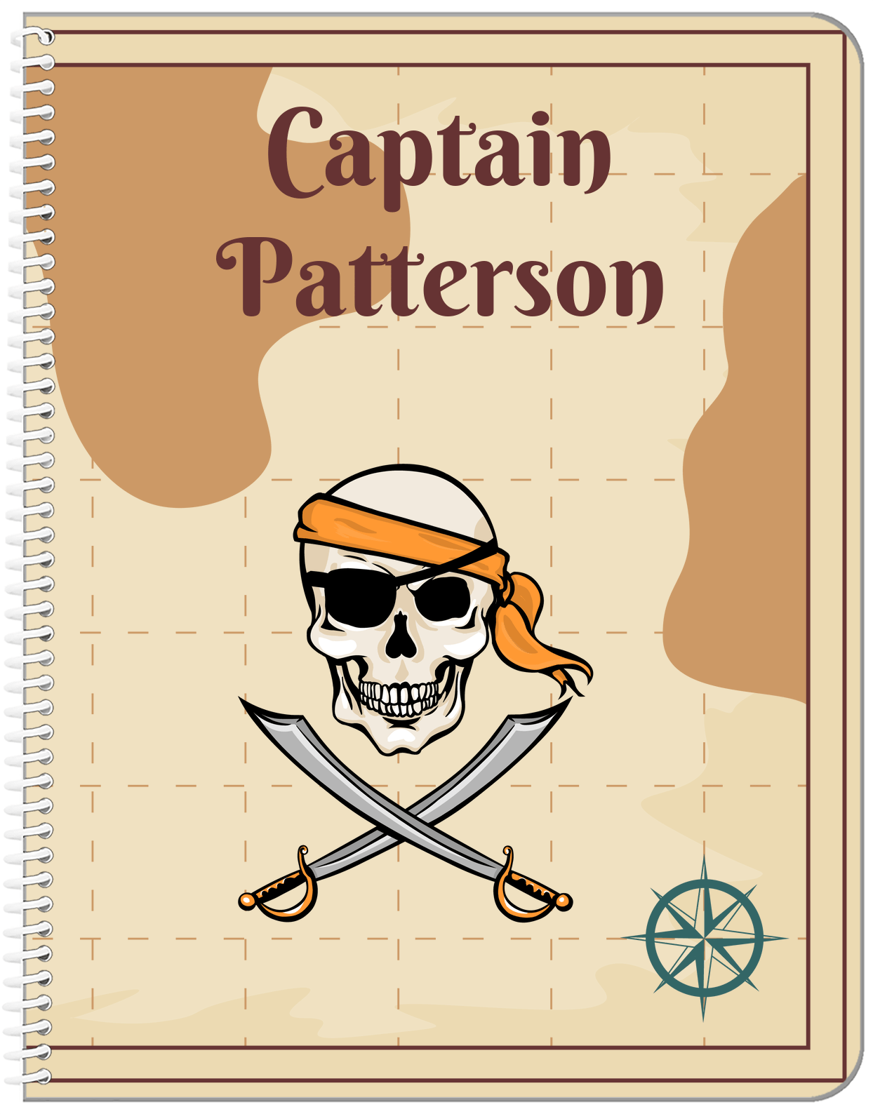 Personalized Pirates Notebook - Swords, Half Bandana, & Eyepatch - Front View