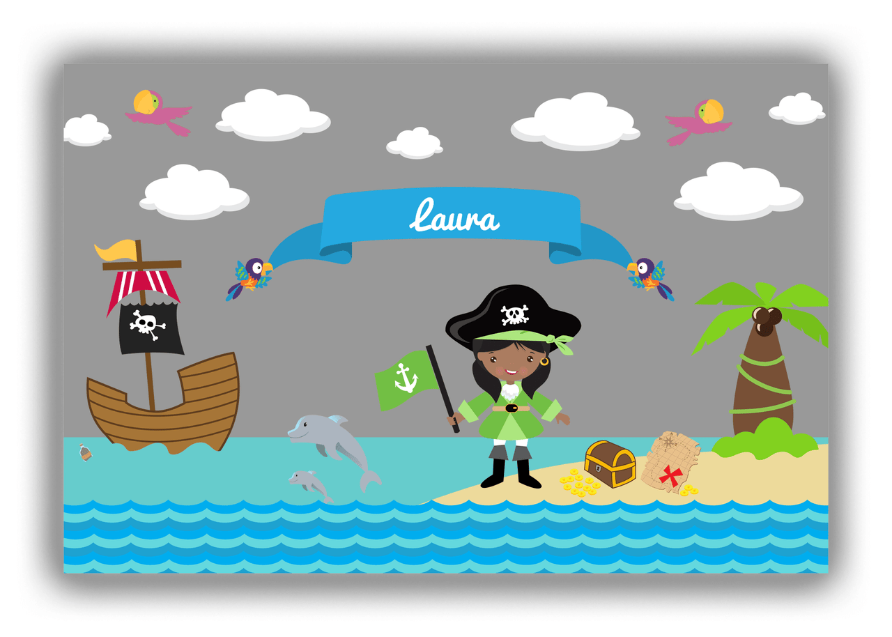 Personalized Pirate Canvas Wrap & Photo Print I - Grey Background - Black Girl with Flag - Front View