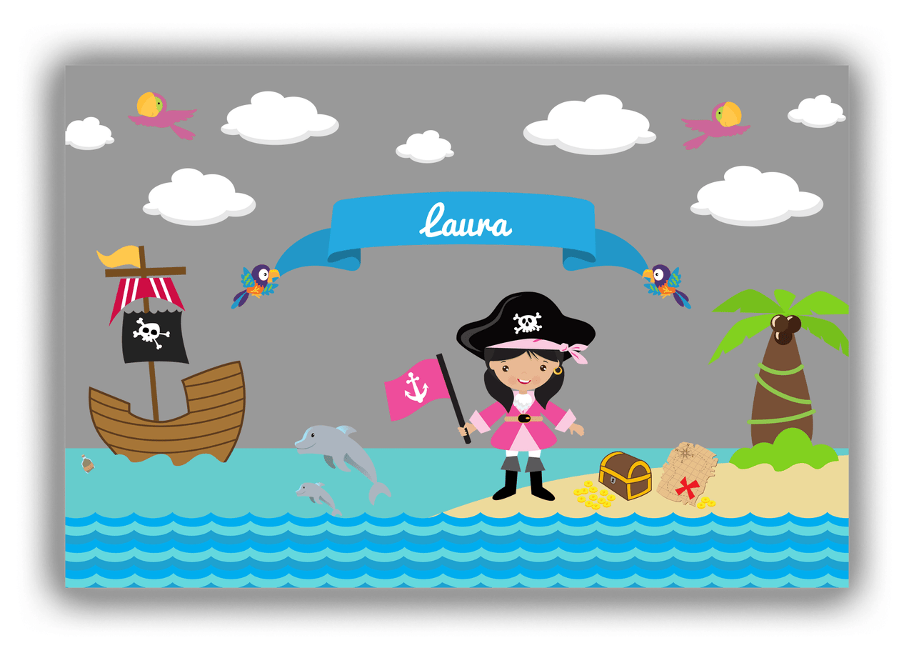 Personalized Pirate Canvas Wrap & Photo Print I - Grey Background - Black Hair Girl with Flag - Front View