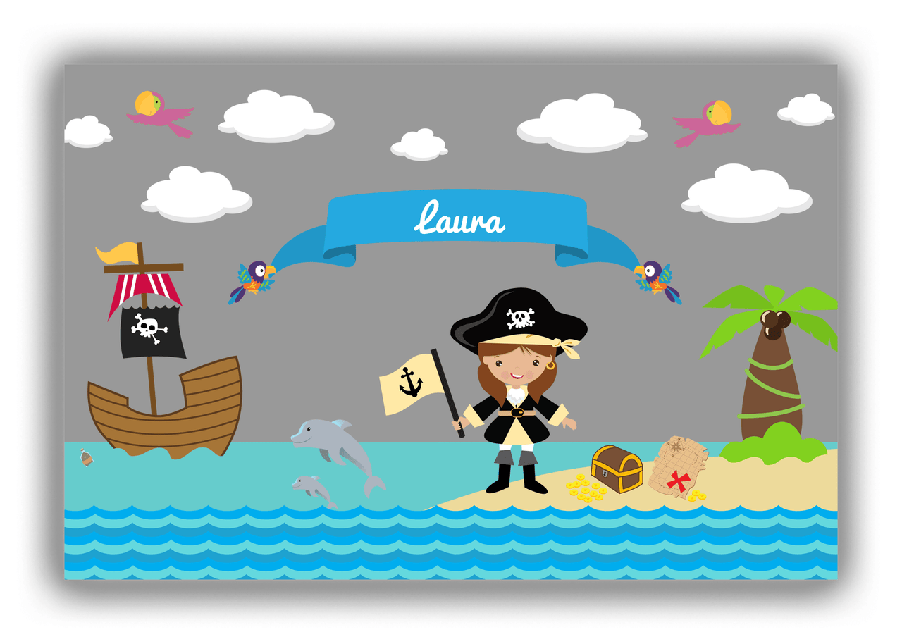 Personalized Pirate Canvas Wrap & Photo Print I - Grey Background - Brunette Girl with Flag - Front View