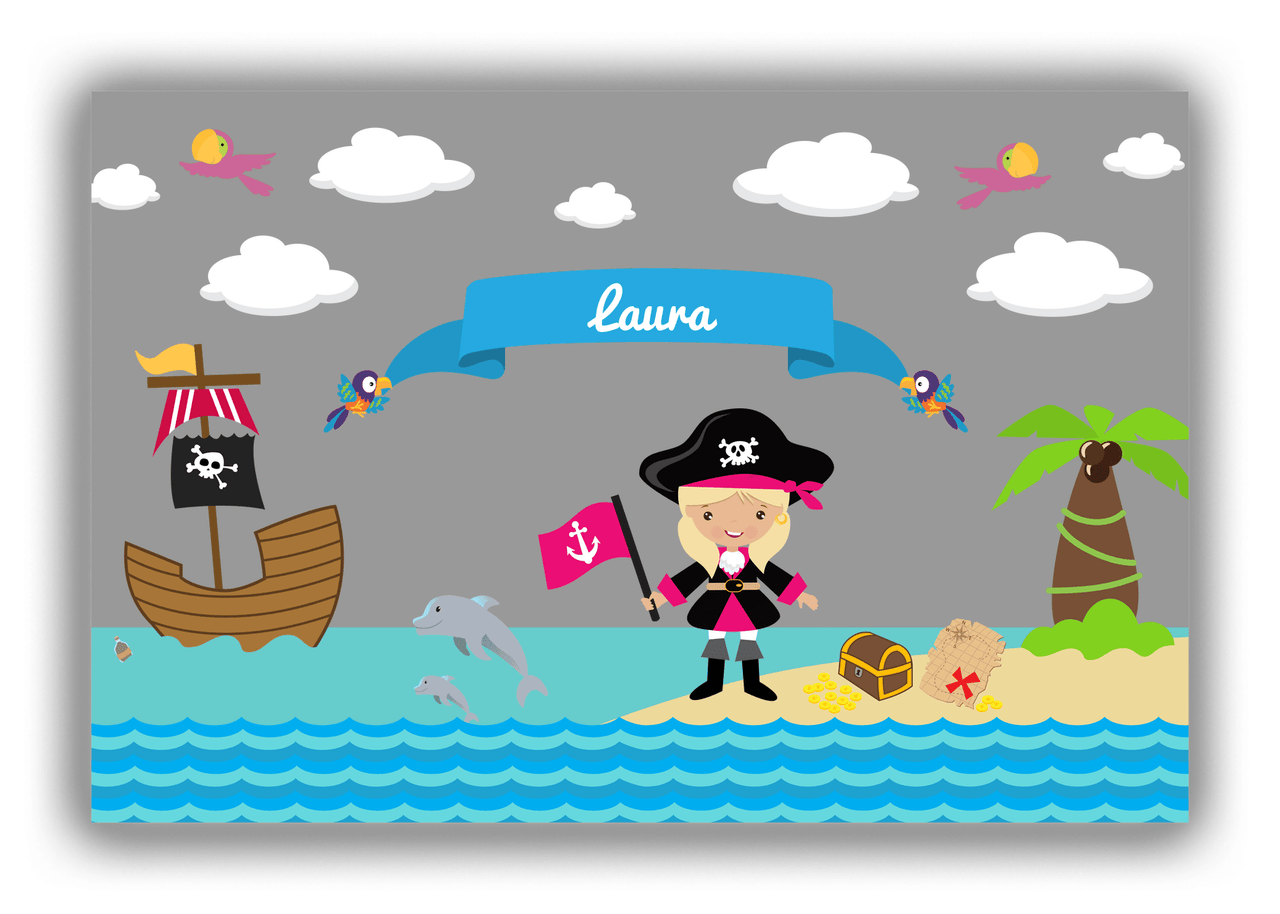 Personalized Pirate Canvas Wrap & Photo Print I - Grey Background - Blonde Girl with Flag - Front View