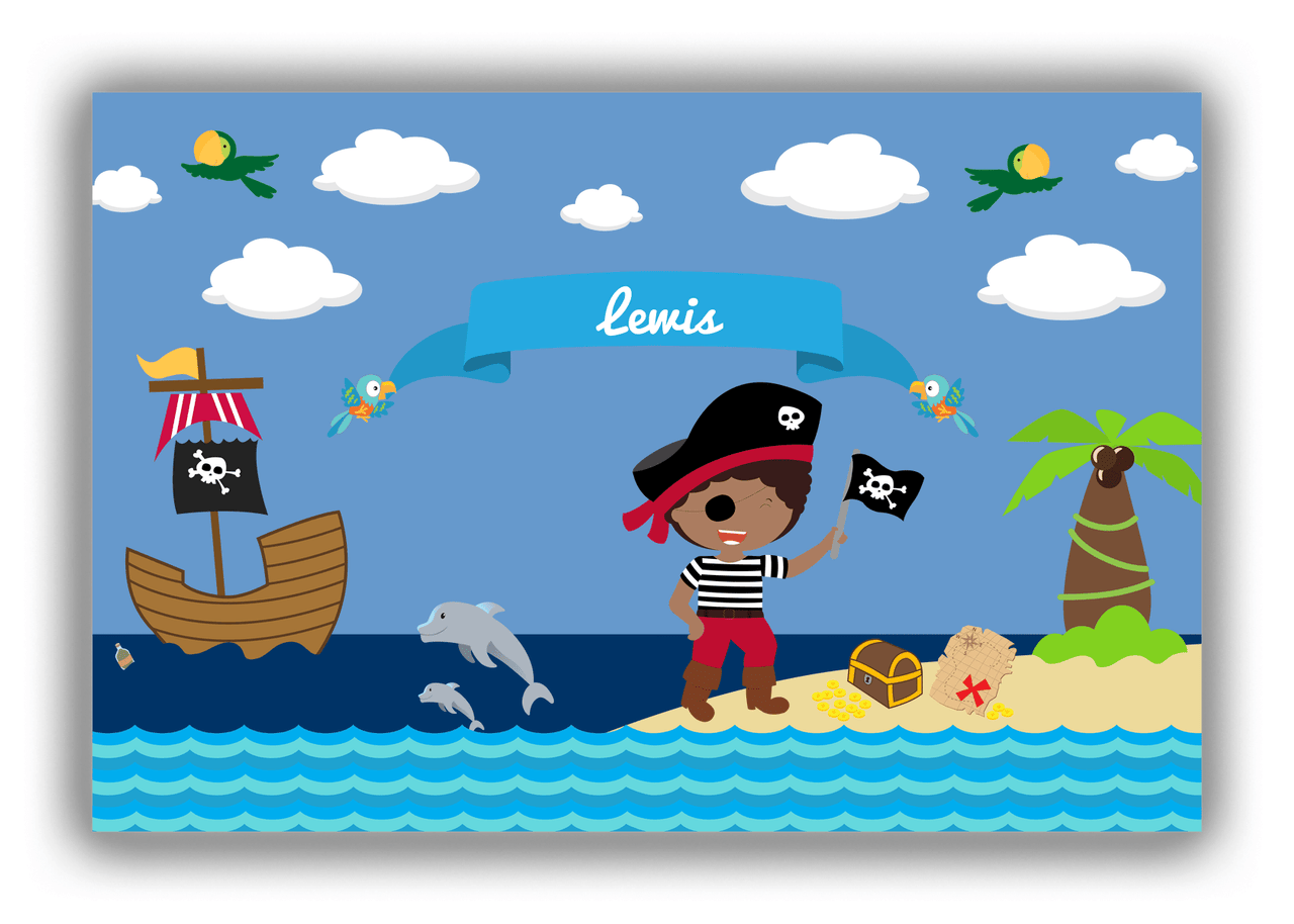 Personalized Pirate Canvas Wrap & Photo Print III - Blue Background - Black Boy with Flag - Front View