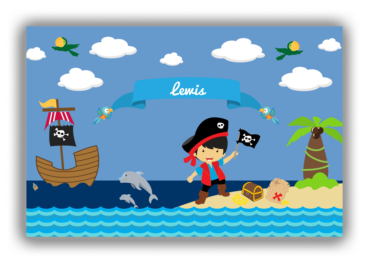 Personalized Pirate Canvas Wrap & Photo Print III - Blue Background - Asian Boy with Flag - Front View