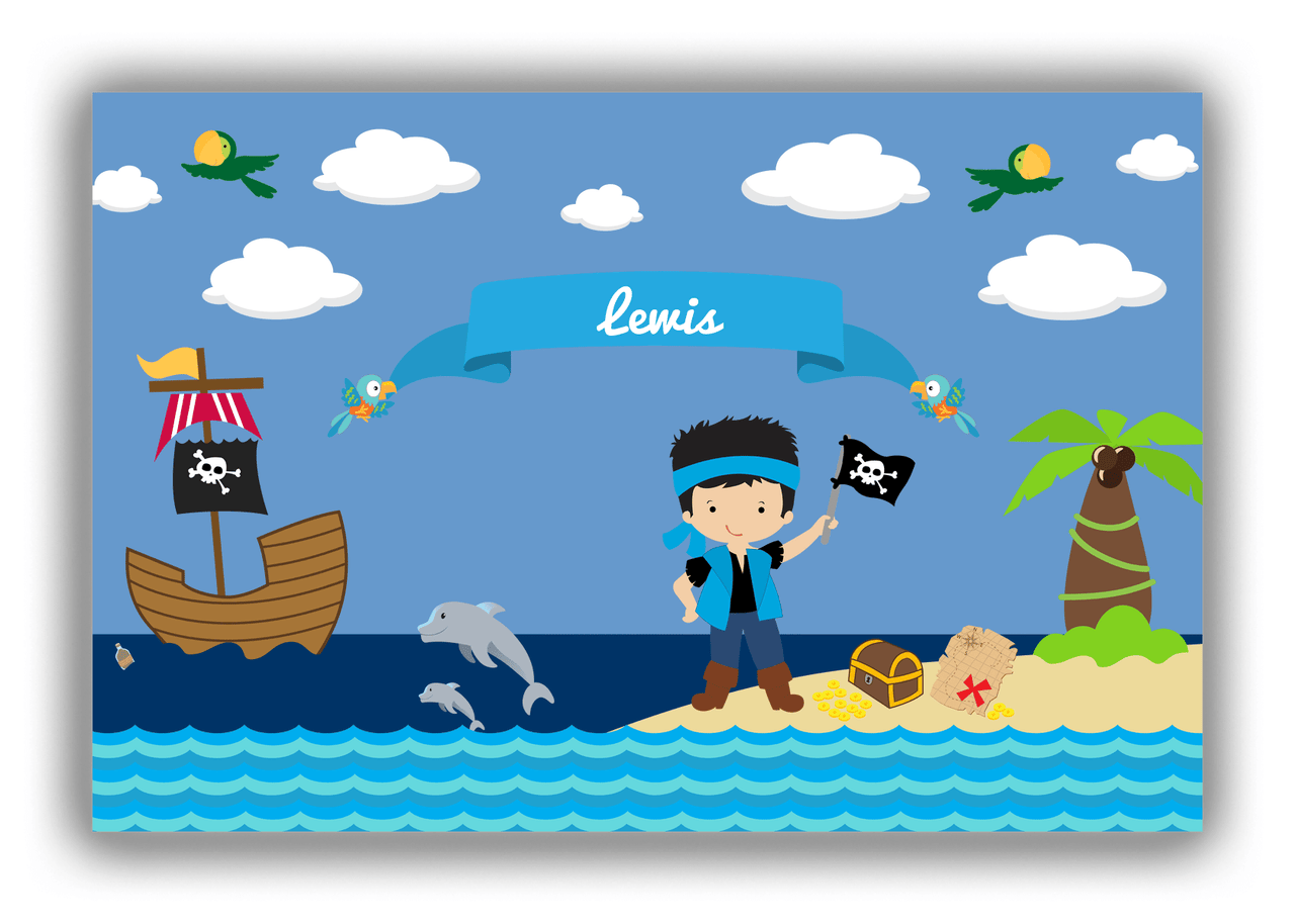 Personalized Pirate Canvas Wrap & Photo Print III - Blue Background - Black Hair Boy with Flag - Front View