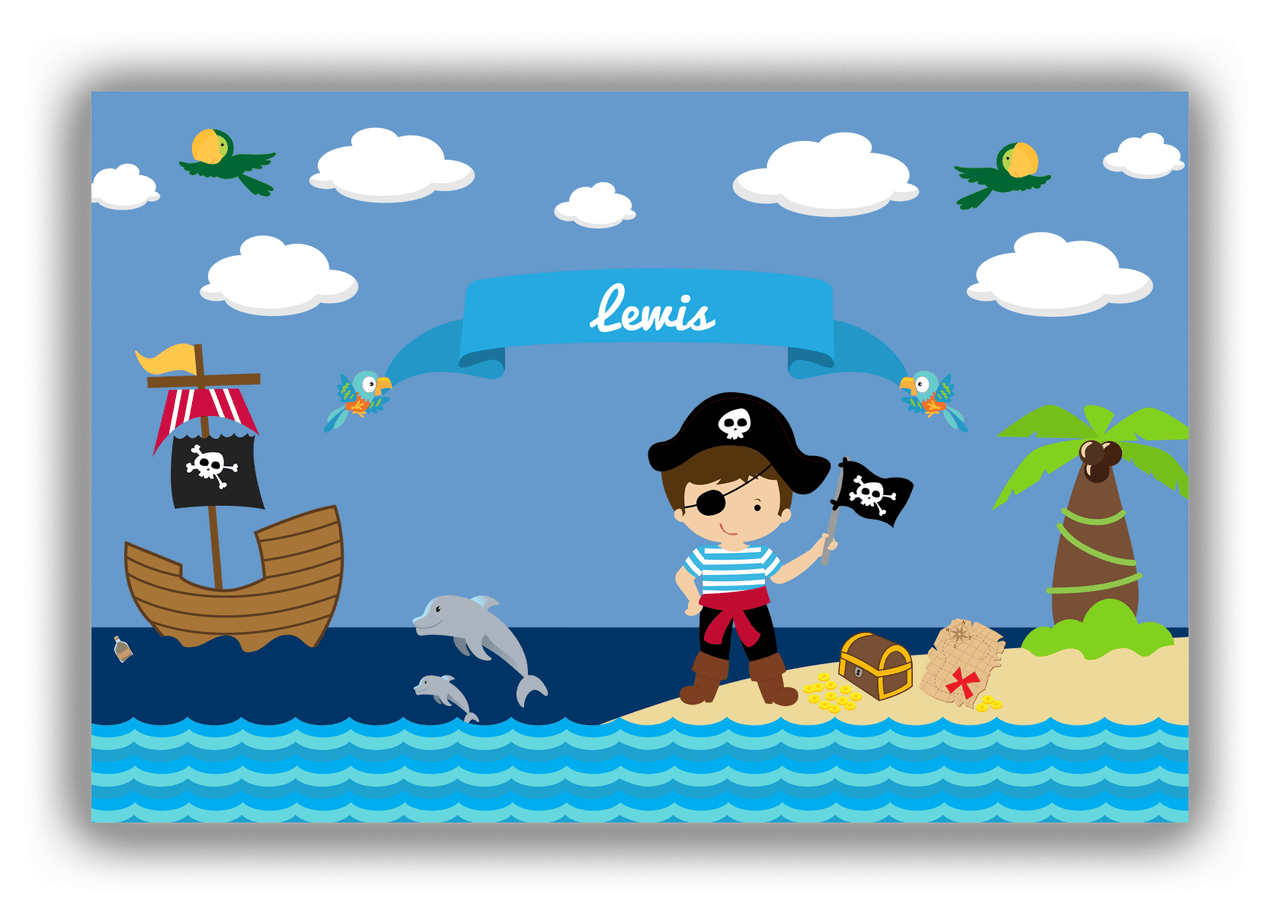 Personalized Pirate Canvas Wrap & Photo Print III - Blue Background - Brown Hair Boy with Flag - Front View
