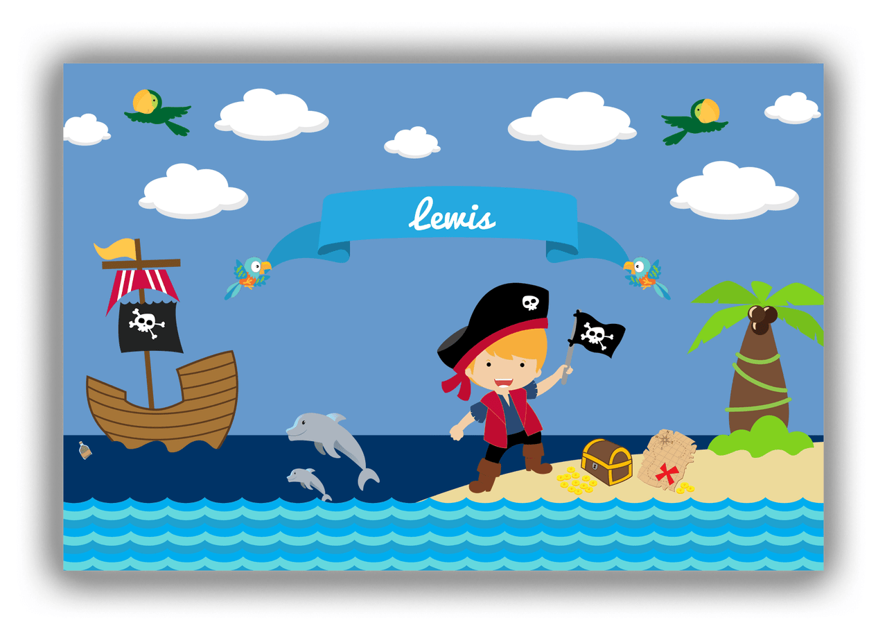 Personalized Pirate Canvas Wrap & Photo Print III - Blue Background - Blond Boy with Flag - Front View