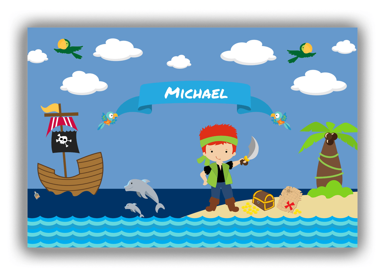 Personalized Pirate Canvas Wrap & Photo Print IV - Blue Background - Redhead Boy with Sword - Front View