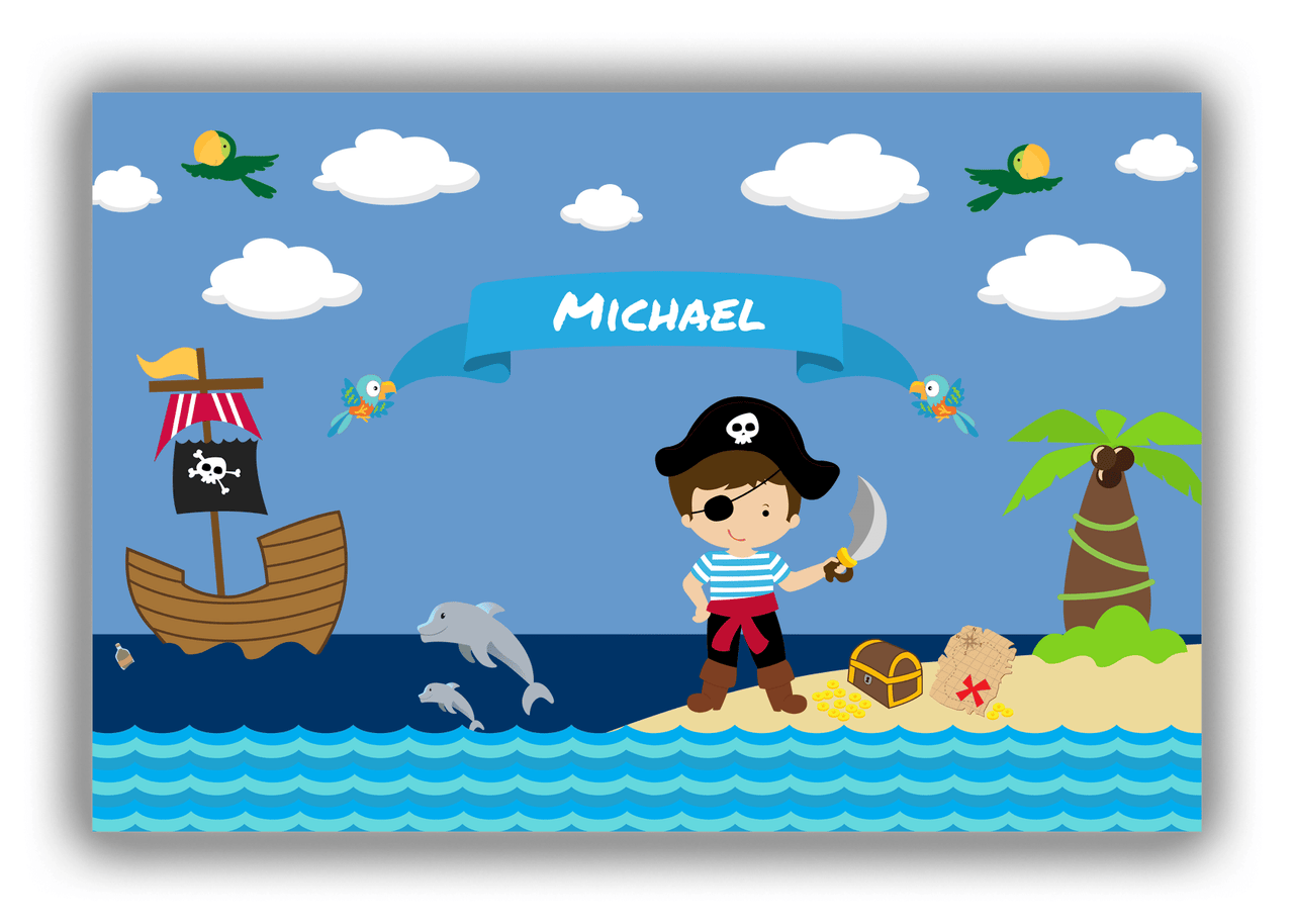 Personalized Pirate Canvas Wrap & Photo Print IV - Blue Background - Brown Hair Boy with Sword - Front View