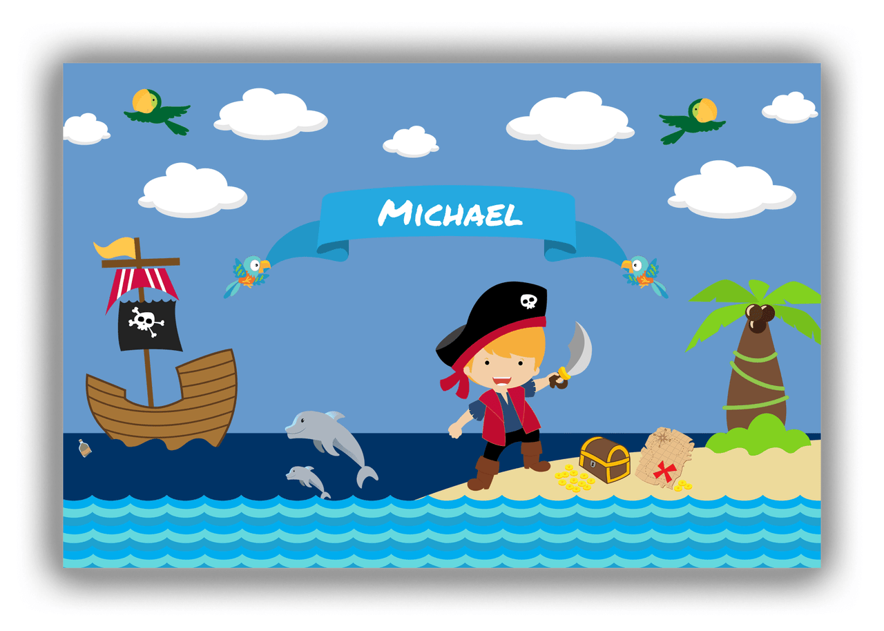Personalized Pirate Canvas Wrap & Photo Print IV - Blue Background - Blond Boy with Sword - Front View