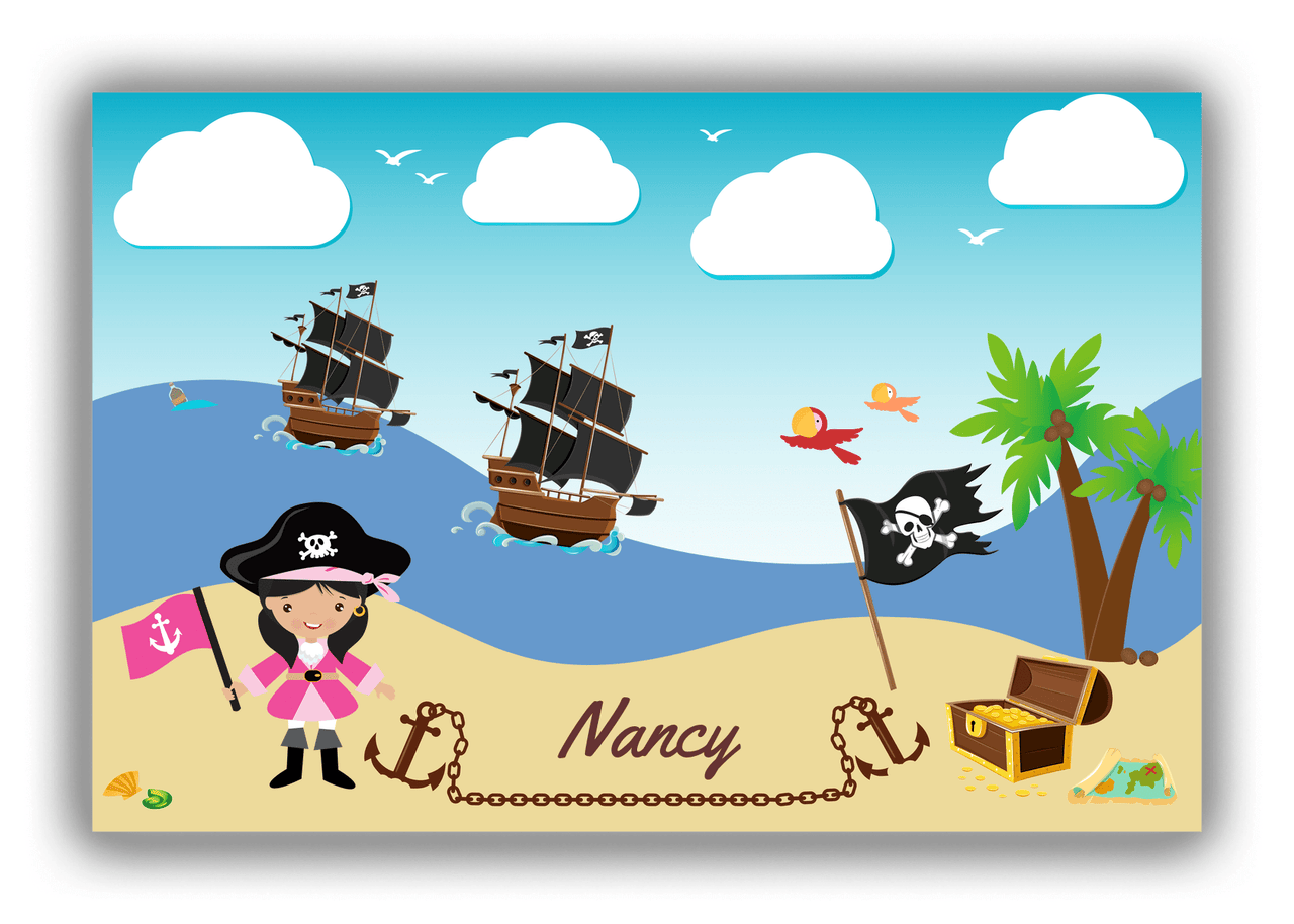 Personalized Pirate Canvas Wrap & Photo Print V - Blue Background - Black Hair Girl with Flag - Front View