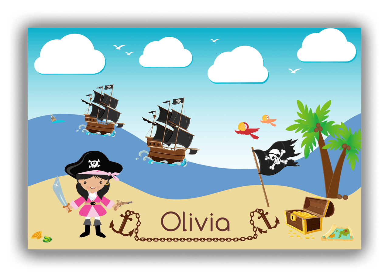 Personalized Pirate Canvas Wrap & Photo Print VI - Blue Background - Black Hair Girl with Sword - Front View
