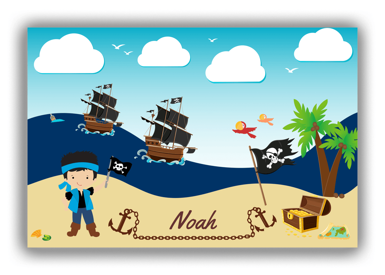 Personalized Pirate Canvas Wrap & Photo Print VII - Blue Background - Black Hair Boy with Flag - Front View