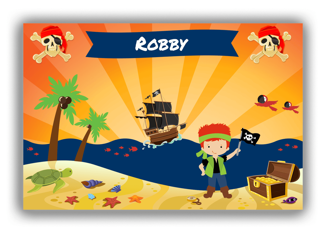 Personalized Pirate Canvas Wrap & Photo Print XIII - Blue Background - Redhead Boy with Flag - Front View