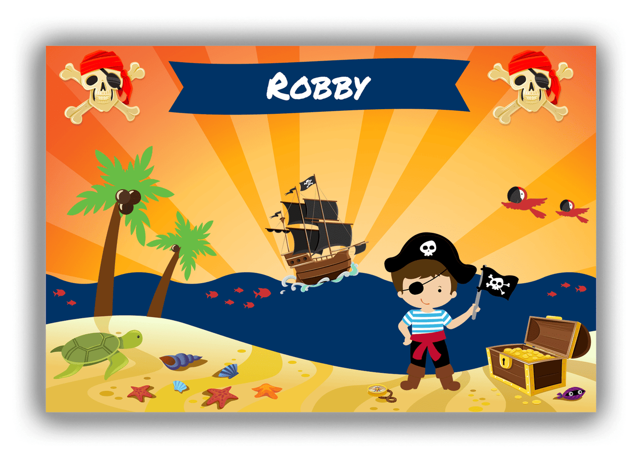 Personalized Pirate Canvas Wrap & Photo Print XIII - Blue Background - Brown Hair Boy with Flag - Front View
