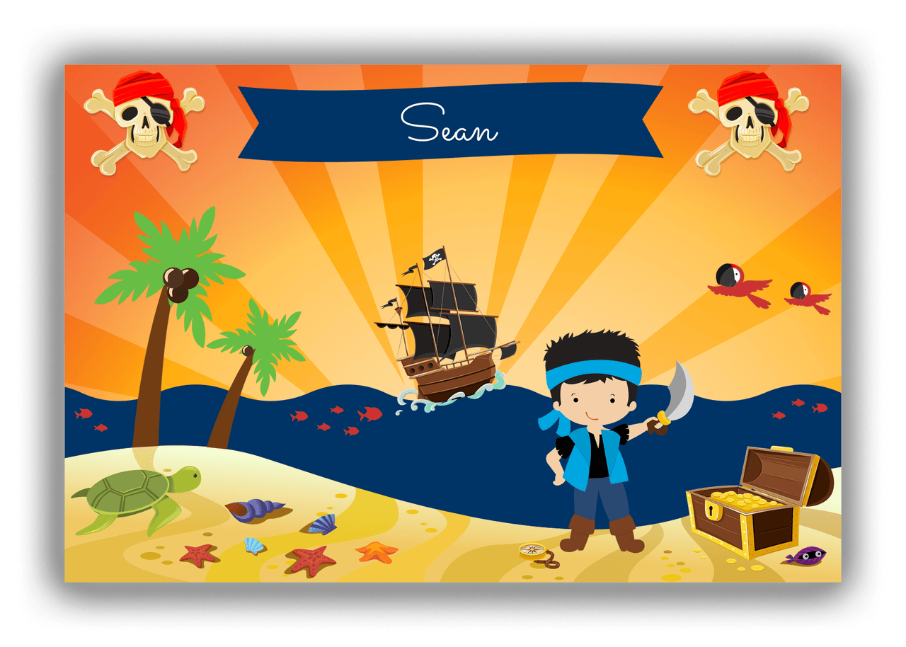 Personalized Pirate Canvas Wrap & Photo Print XIV - Blue Background - Black Hair Boy with Sword - Front View