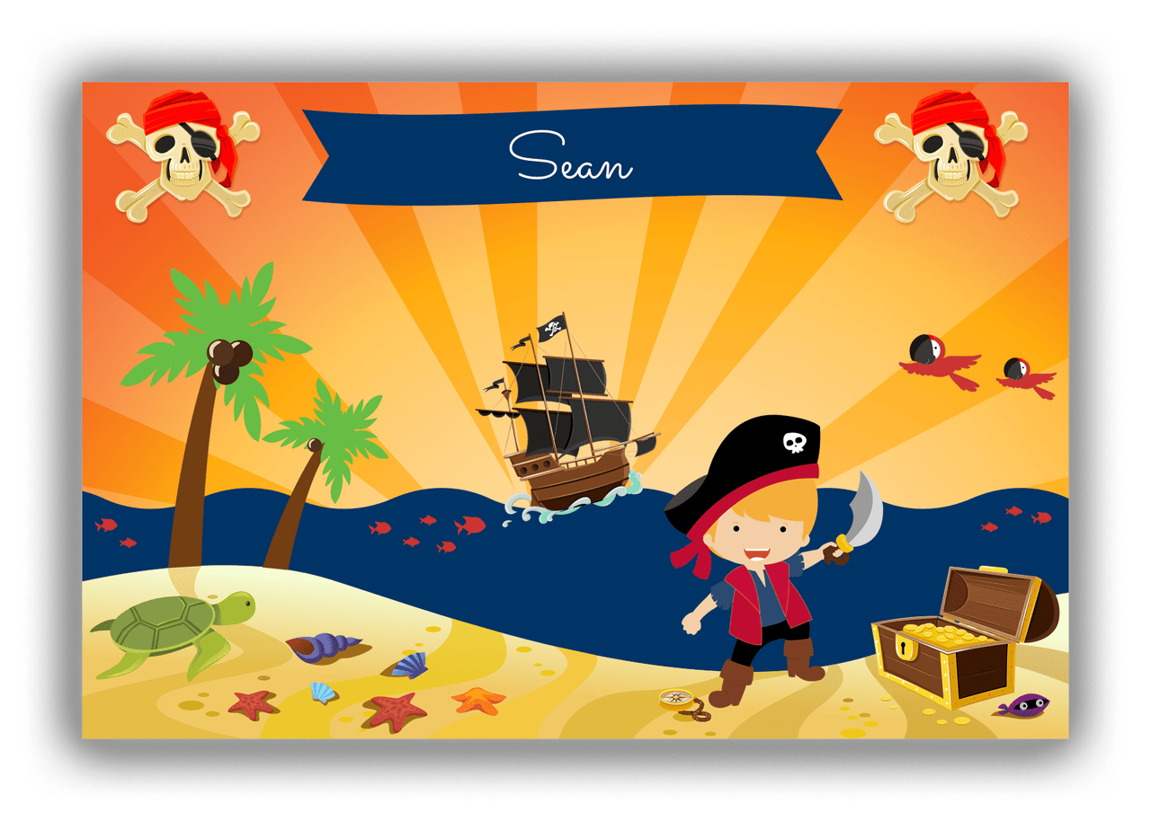 Personalized Pirate Canvas Wrap & Photo Print XIV - Blue Background - Blond Boy with Sword - Front View
