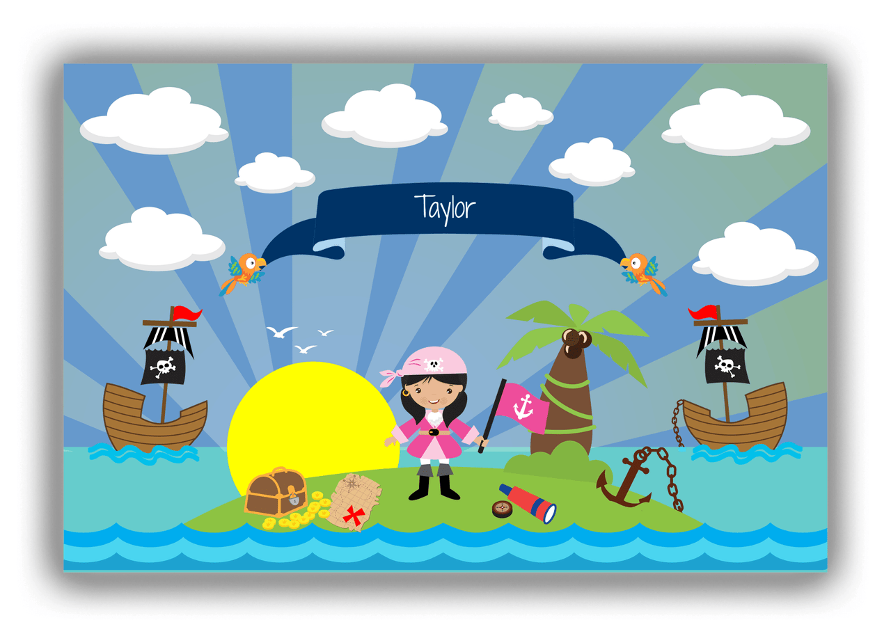 Personalized Pirate Canvas Wrap & Photo Print XV - Blue Background - Black Hair Girl with Flag - Front View